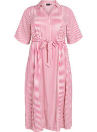 Skjortekjole i ankellengde med bindebelte og striper, Raspberry w. Stripe
