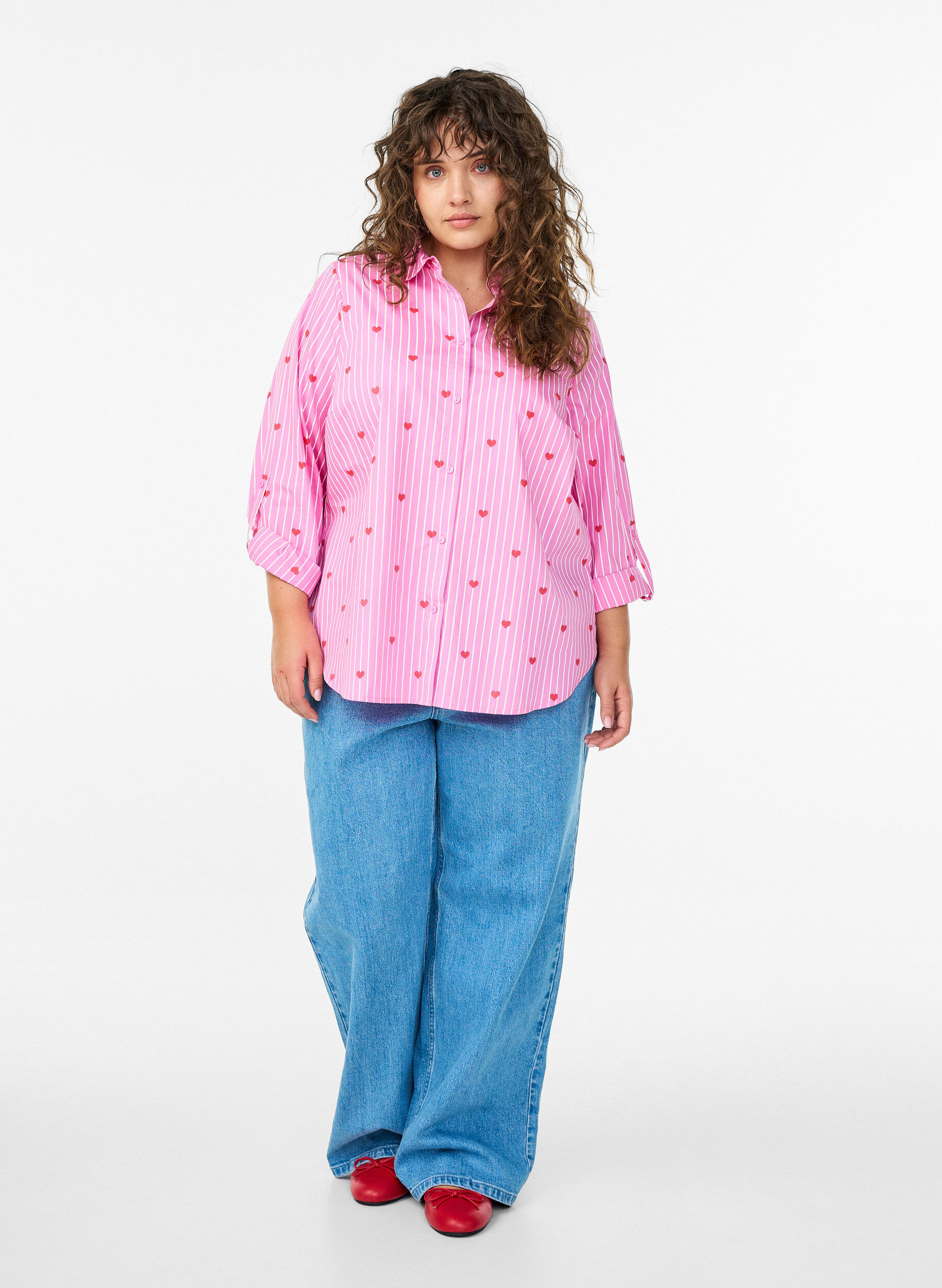 ZizziSkjortebluse med striper og hjerter, Rosa, Model image number 1