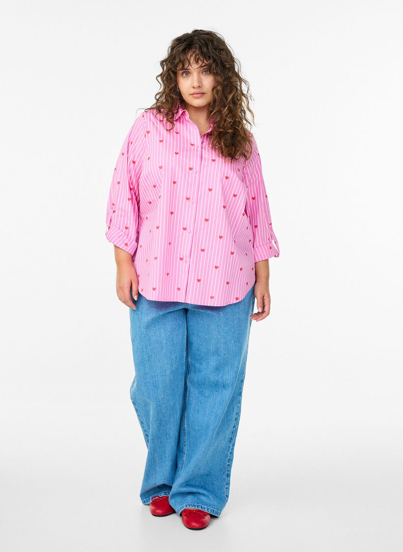 Skjortebluse med striper og hjerter, Rosa, Model image number 1