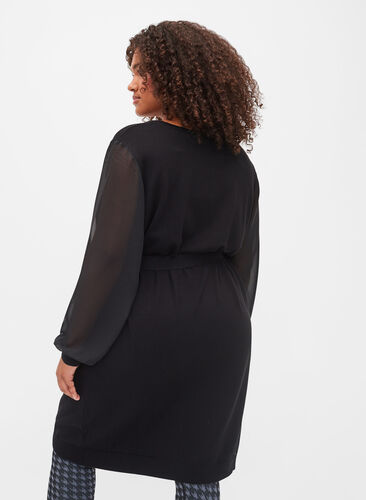 Strikket kjole med transparente ermer, Black, Model image number 1