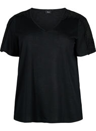 Kortermet bluse med blonder og V-hals, Black
