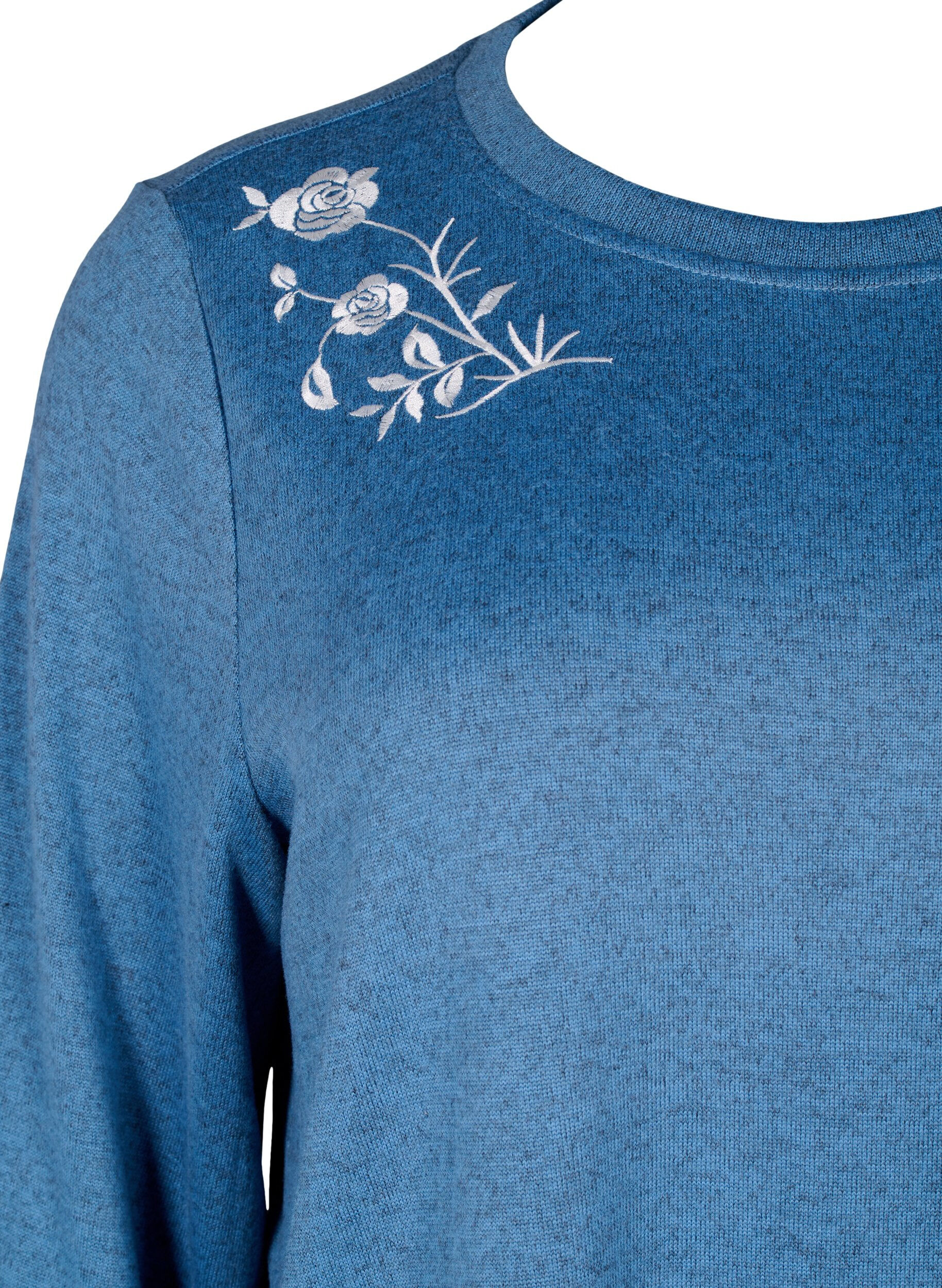 Zizzi Bluse med blomsterbroderi og 3/4 ermer, Copen Blue Melange, Packshot image number 2