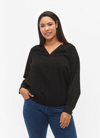 Viskosebluse med V-hals, Black, Model