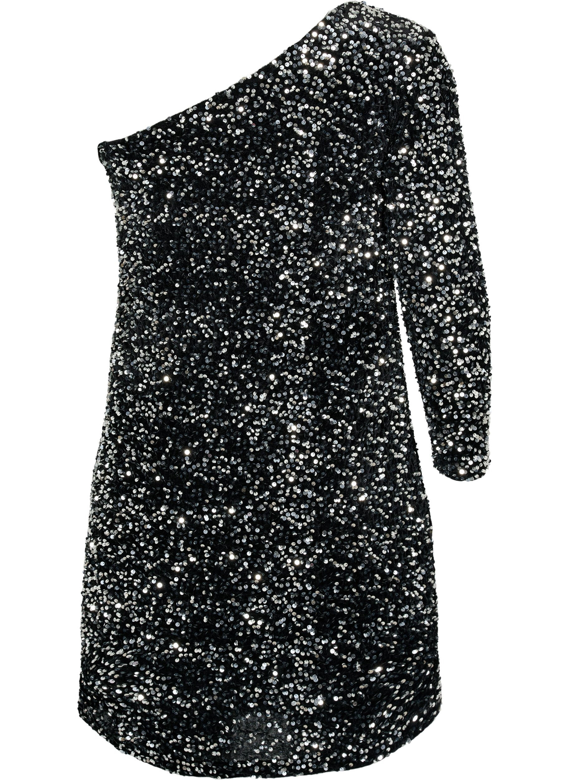 Zizzi Kort one-shoulder-kjole med paljetter, Black/Silver Sequins, Packshot image number 1