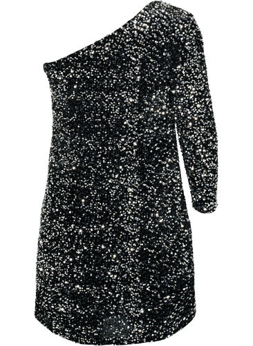 Kort one-shoulder-kjole med paljetter, Black/Silver Sequins, Packshot image number 1