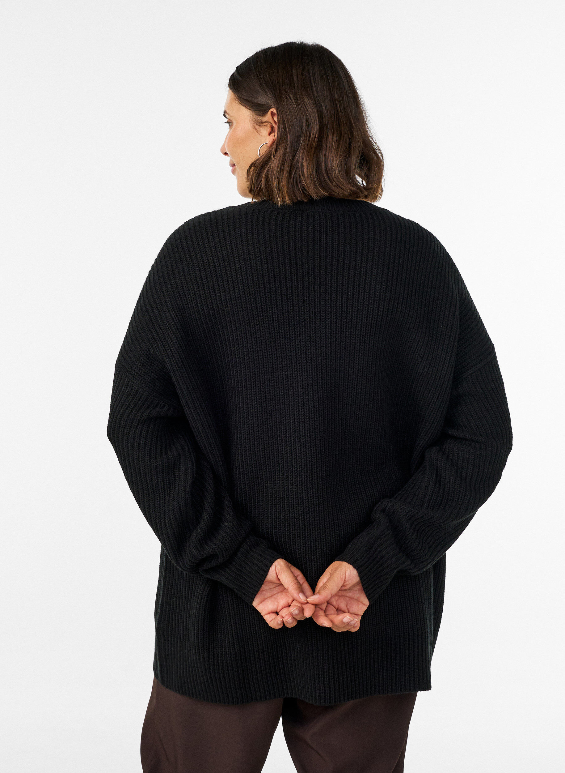 ZizziLang ribbestrikket bluse med V-hals, Svart, Model image number 2