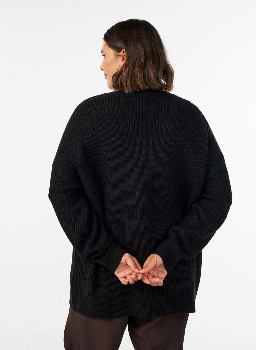 Lang ribbestrikket bluse med V-hals, Svart, Model image number 2