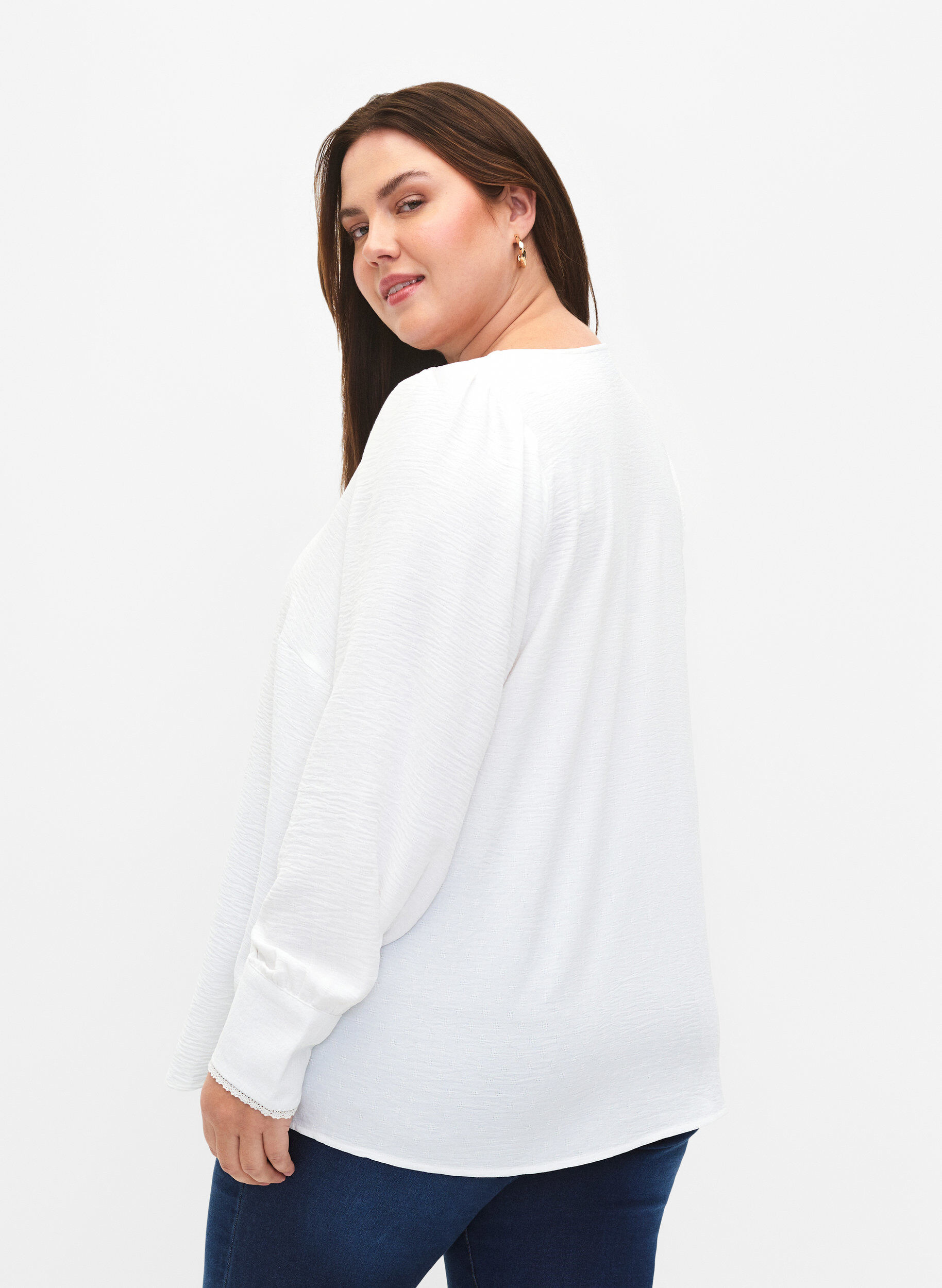 Zizzi Langermet bluse med tekstur, Bright White, Model image number 1