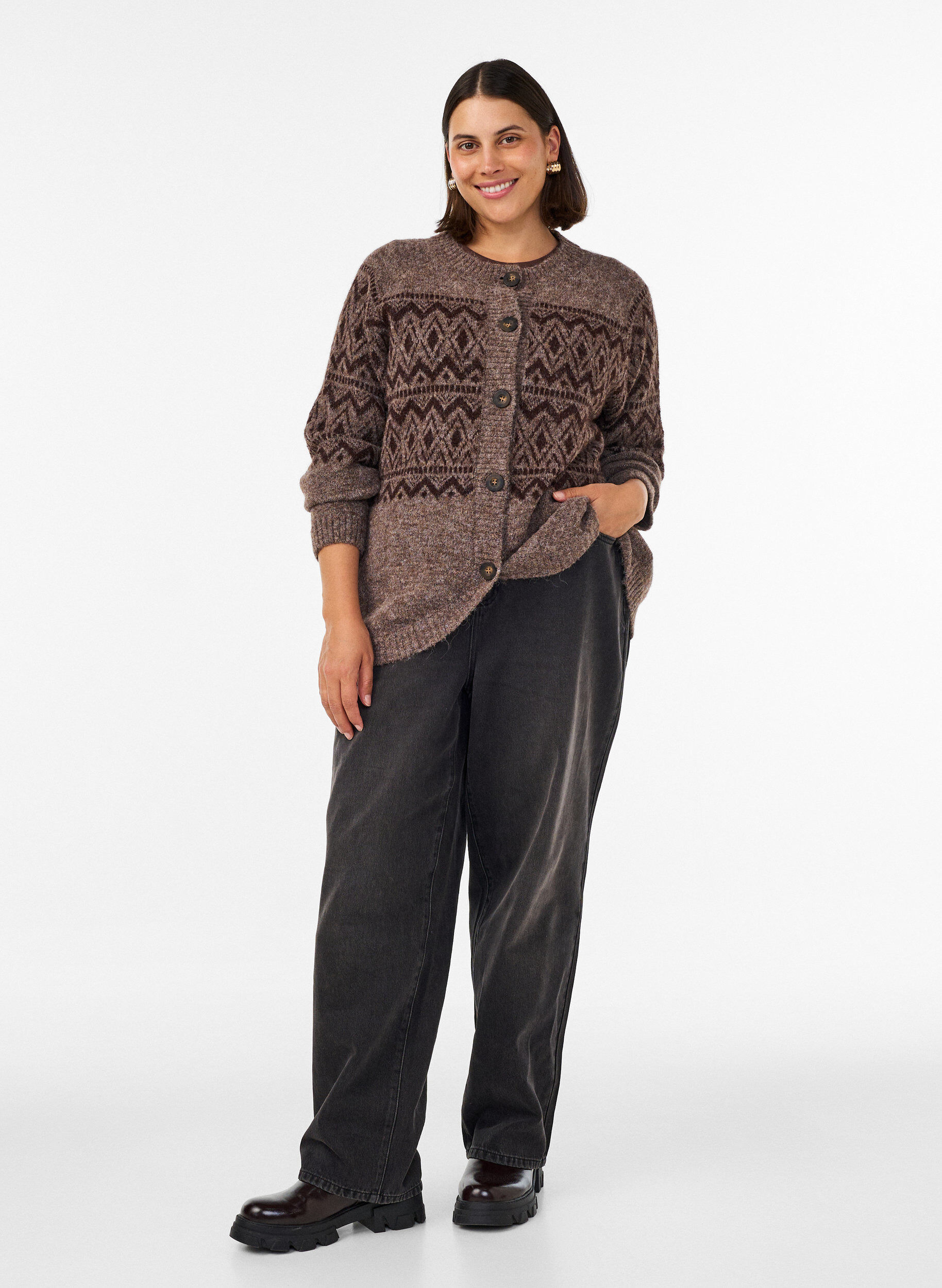 ZizziJacquard m&oslash;nster cardigan, Brun, Model image number 1
