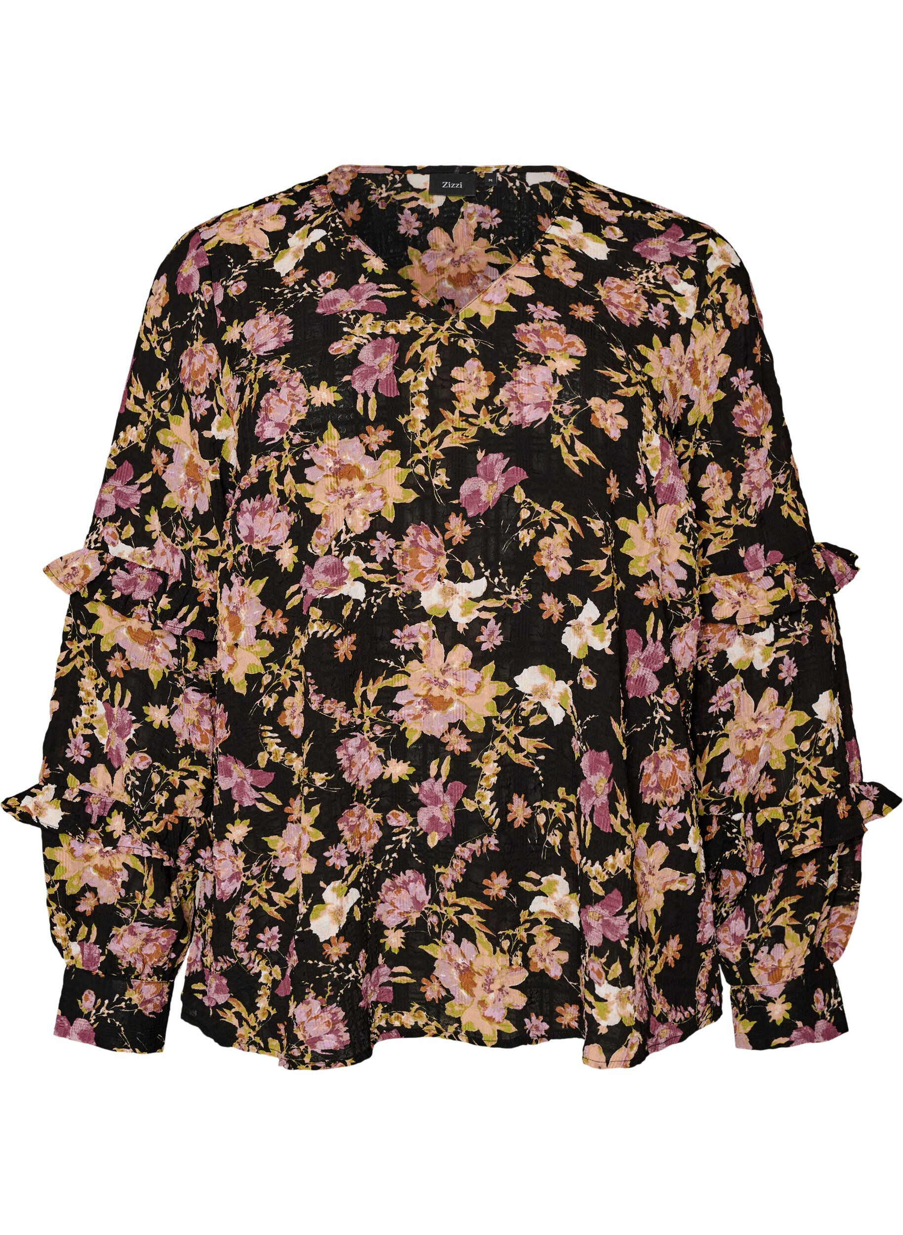 ZizziBluse med blomstertrykk og rysjedetaljer, Svart, Packshot image number 0