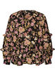 Bluse med blomstertrykk og rysjedetaljer, Svart, Packshot image number 0