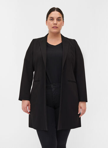 Klassisk, lang blazer i viskosemiks, Black, Model image number 0