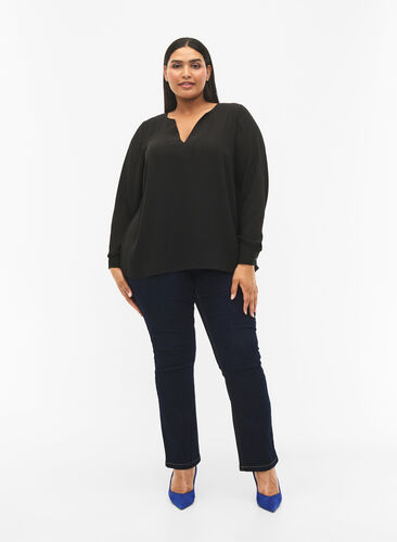 Bluse med lange ermer og rynker på ryggen, Black, Model image number 2