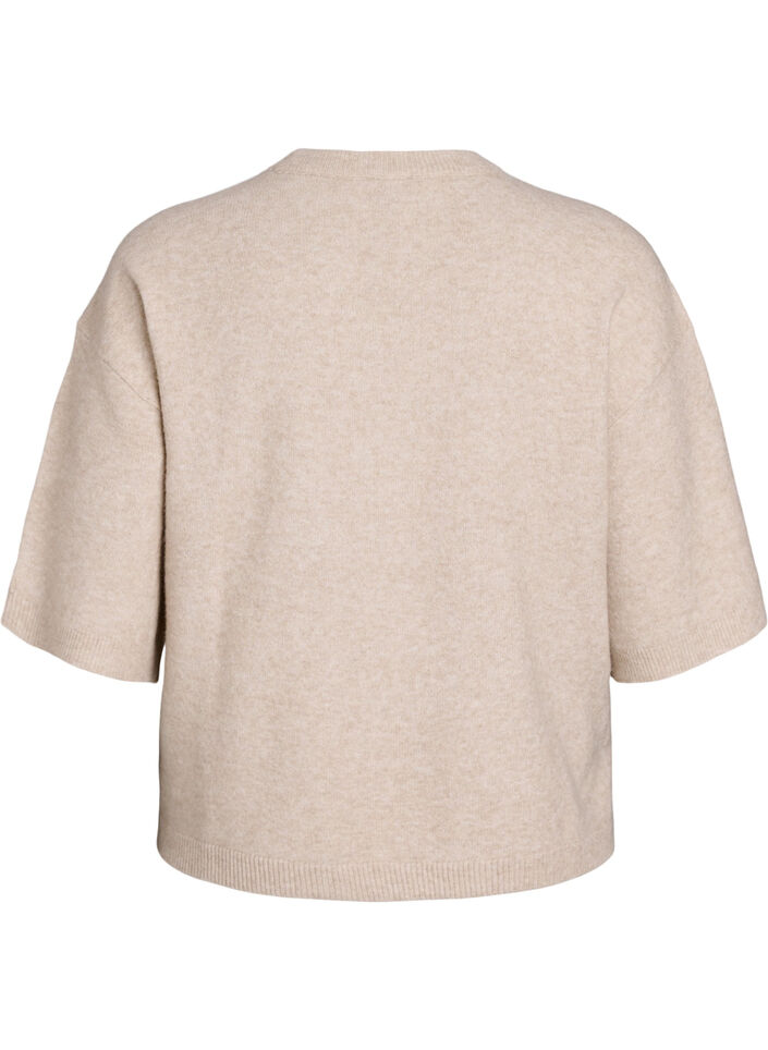 Løs strikket bluse med korte ermer, Beige, Packshot image number 1