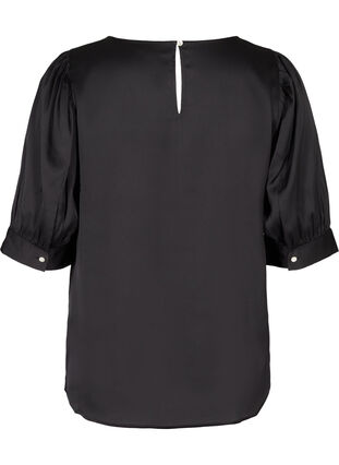 Shiny bluse med korte puffermer, Black, Packshot image number 1