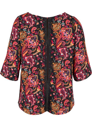 Mønstrete bluse med blonderygg og 3/4-ermer, Black/Multi Paisley, Packshot image number 1