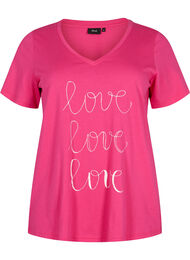 T-skjorte i bomull med V-hals og trykk, Fuchsia Purple Love