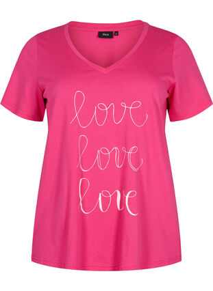 T-skjorte i bomull med V-hals og trykk, Fuchsia Purple Love, Packshot image number 0