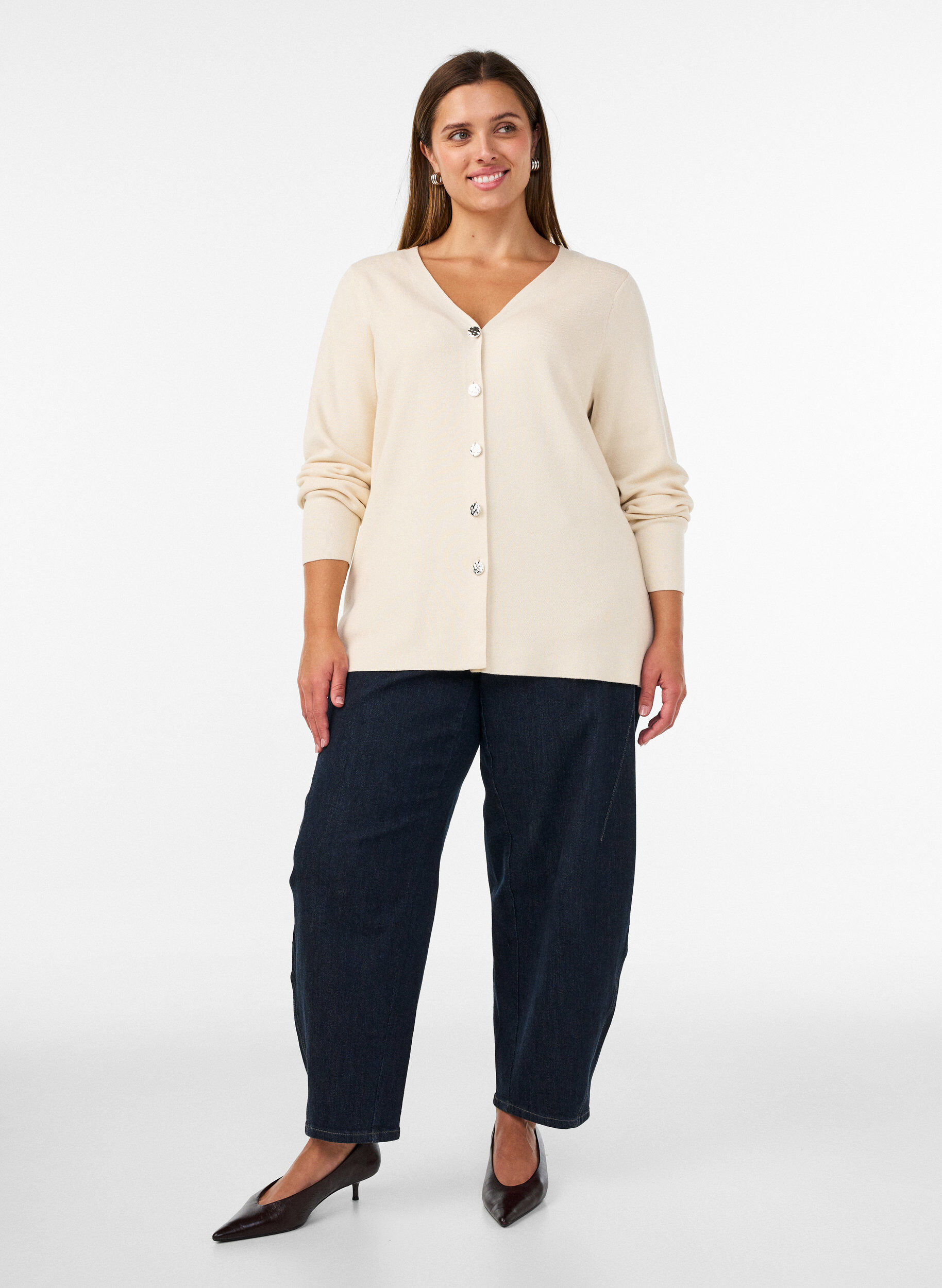 ZizziFinstrikket cardigan med dekorative knapper, Vanilje, Model image number 1