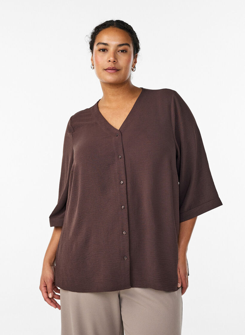 Skjortebluse med v-hals og 3/4 ermer, Brown, Model image number 0