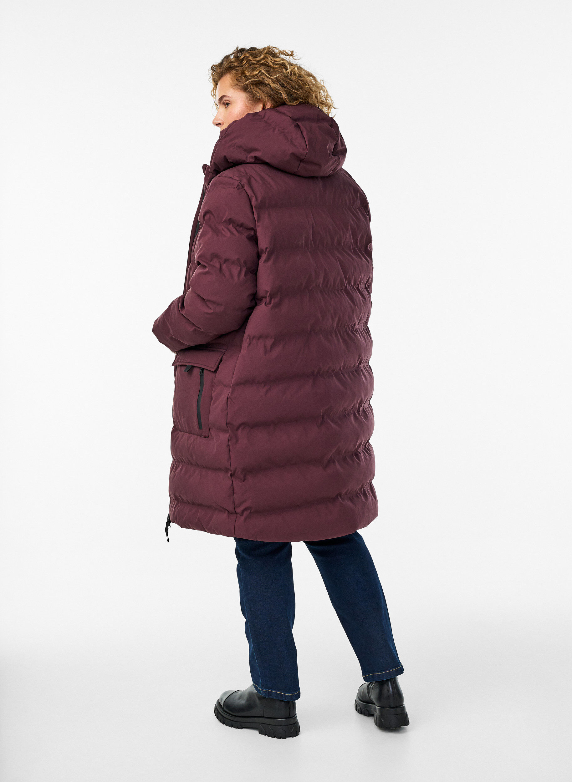 ZizziPufferjakke med hette og lommer, M&oslash;rk Bordeaux, Model image number 2