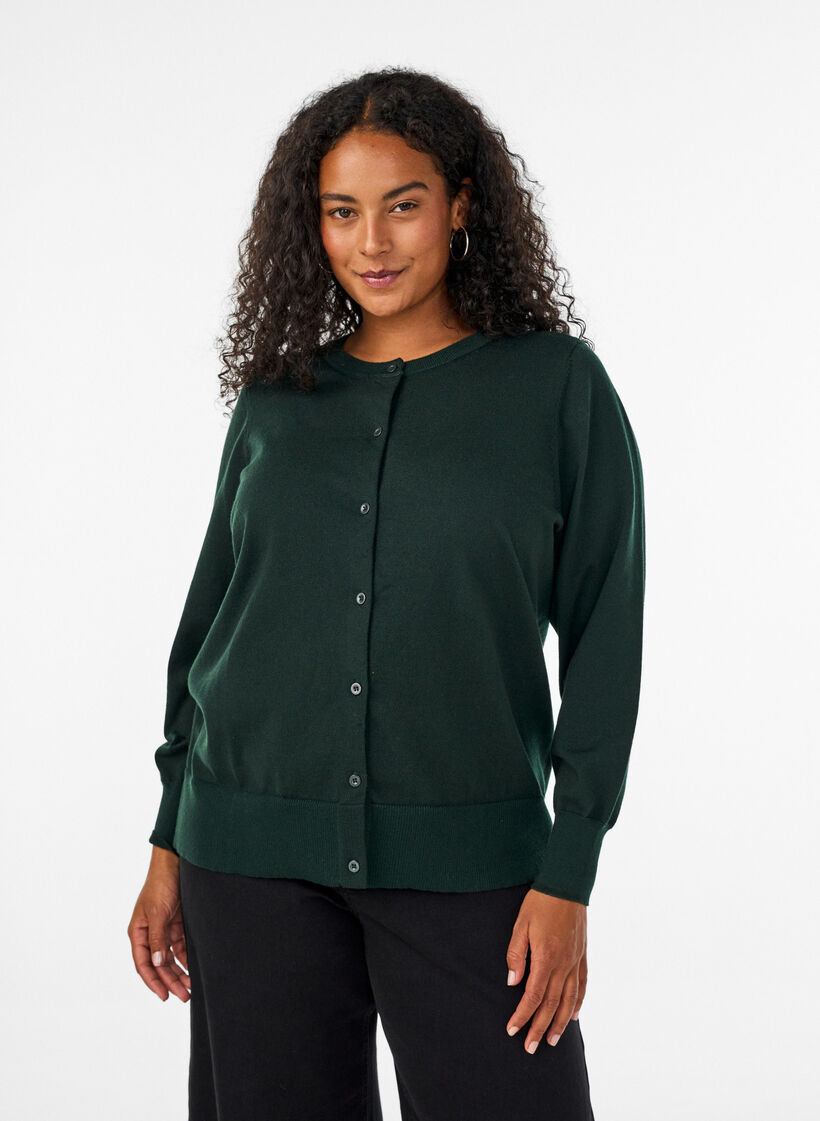Finstrikket cardigan med rund hals, Gr&oslash;nn, Model image number 0
