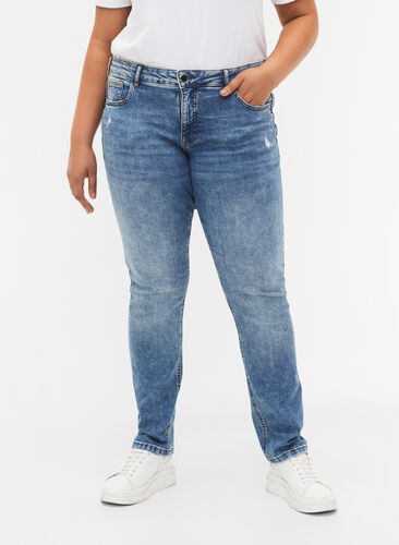 Emily jeans med vanlig midje og ødeleggelser, Blue denim, Model image number 2