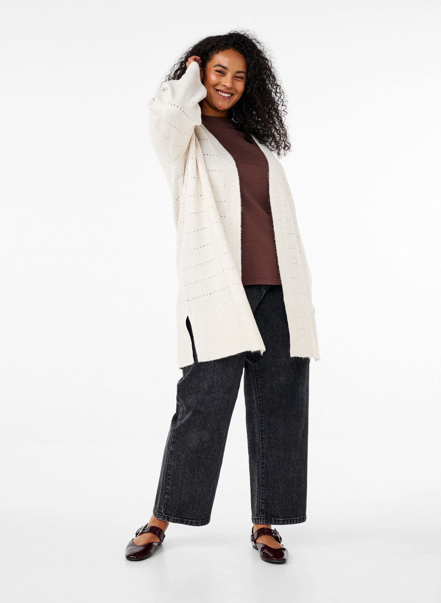 ZizziLang strikket cardigan med blondem&oslash;nster, Birch Mel., Model image number 2