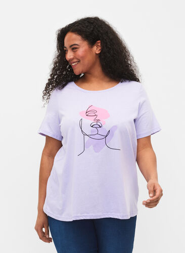 T-skjorte i bomull med rund hals og trykk, Lavender FACE, Model image number 0
