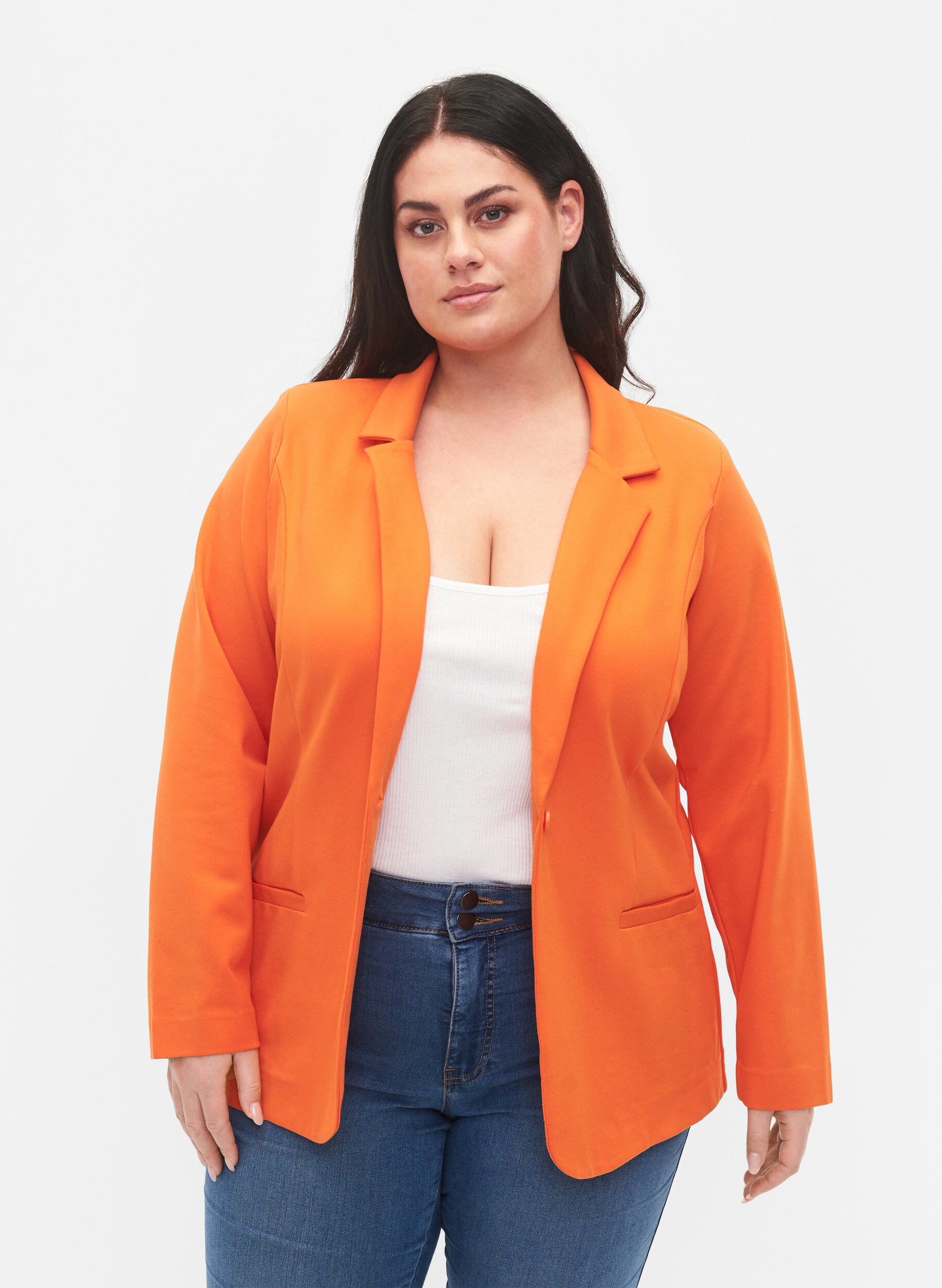 Zizzi Enkel blazer med knapp og pyntelommer, Mandarin Orange, Model image number 0