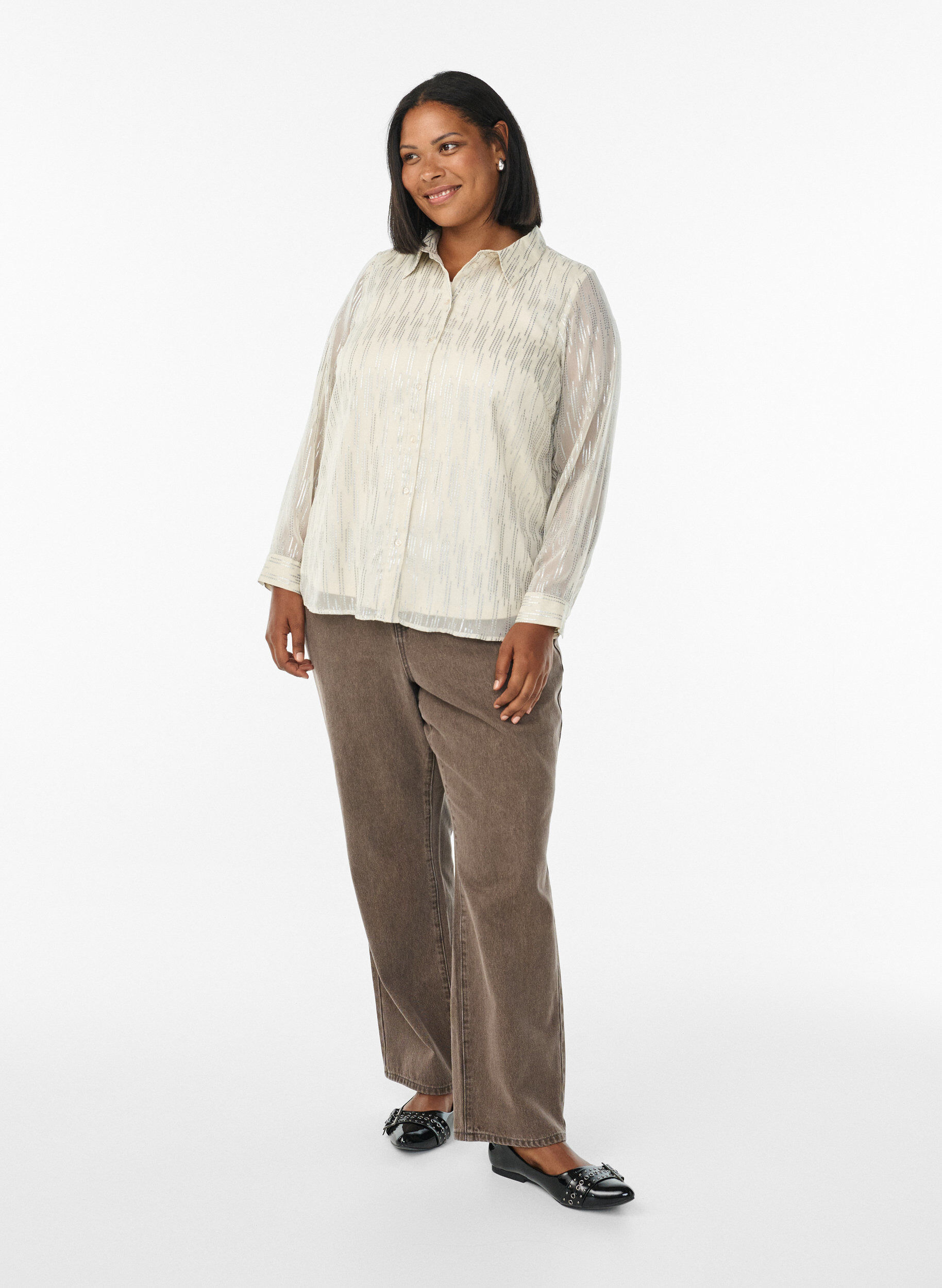 Zizzi Skjorte med glitrende m&oslash;nster, Vanilje, Model image number 1