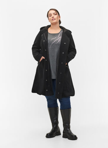 Jakke med ull og hette, Black Solid, Model image number 2