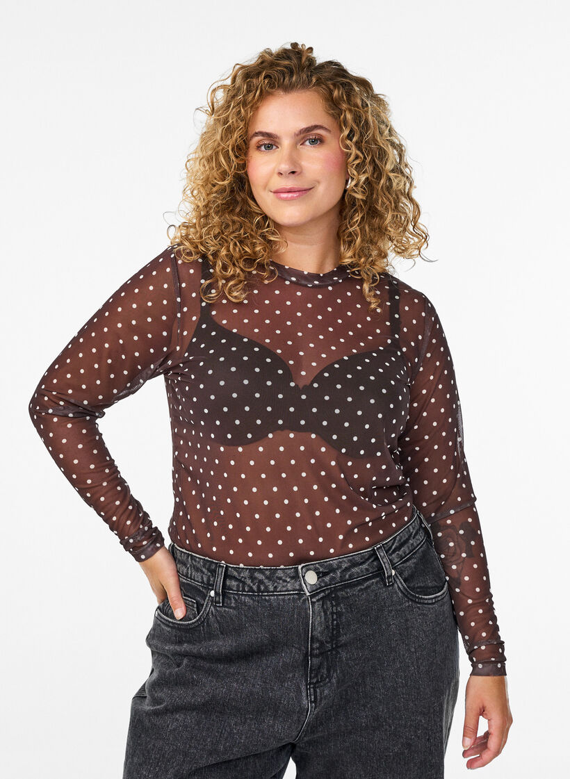 Bluse med mesh og prikker, Brun, Model image number 0