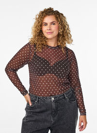 Bluse med mesh og prikker, Brun Bluse med mesh og prikker, Brun, Model