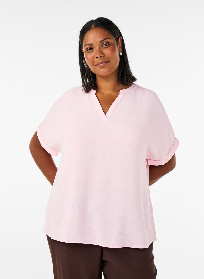 L&oslash;s bluse med korte ermer, Rosa, Model image number 0