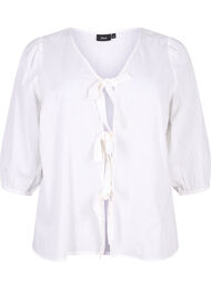 3/4-ermet bomullsbluse i bomullsblanding med lin, Bright White