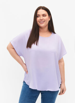 Bluse med korte ermer og rund hals, Lavender, Model image number 0