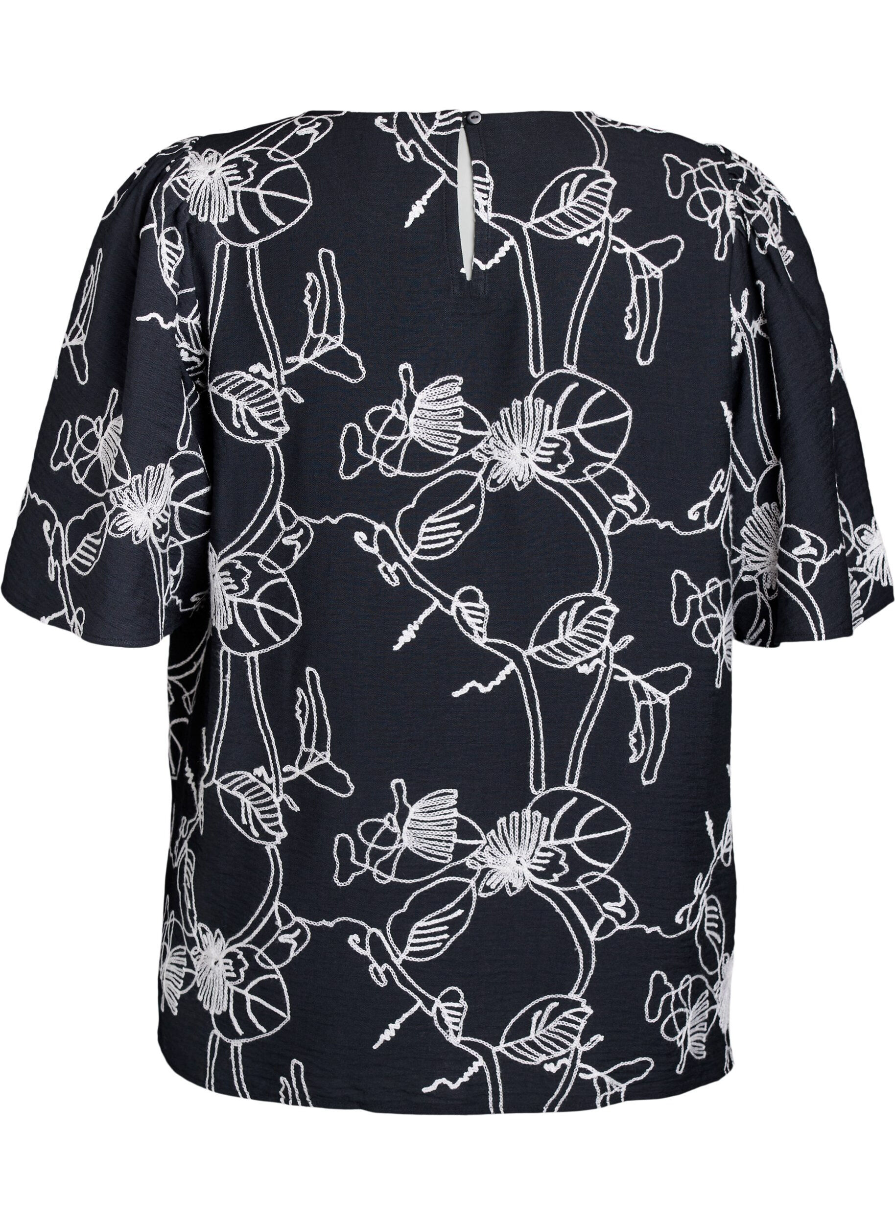 ZizziKortermet bluse med brodert m&oslash;nster, Svart, Packshot image number 1