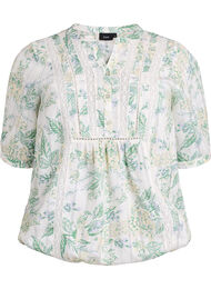 Bluse med trykk og 1/2 ermer, White Flower AOP
