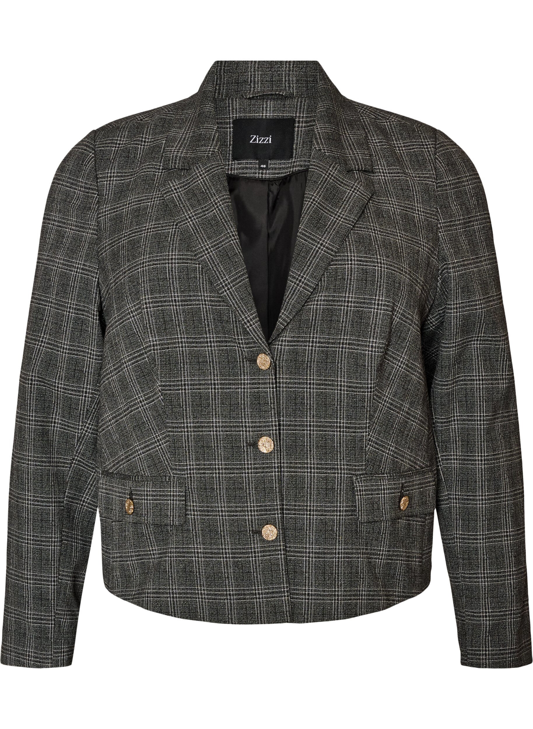 ZizziKort blazer med rutete m&oslash;nster, Gr&aring;, Packshot image number 0