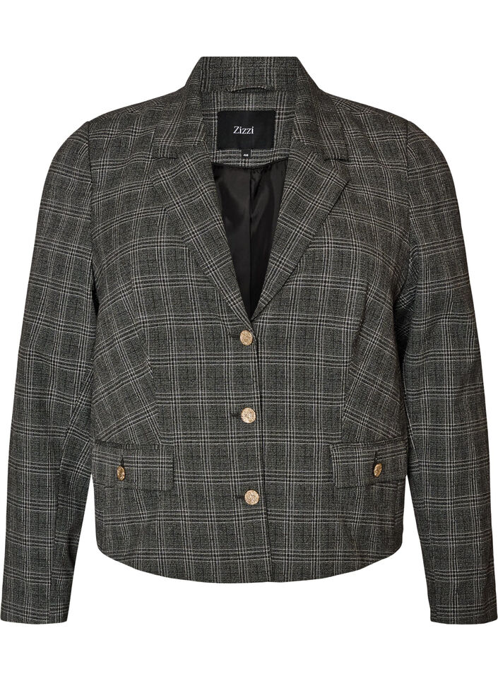Kort blazer med rutete m&oslash;nster, Gr&aring;, Packshot image number 0
