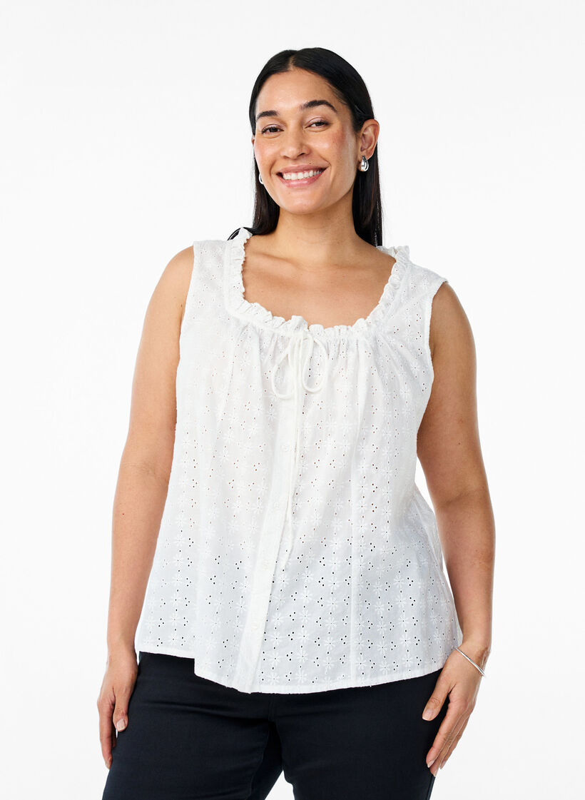 Ermeløs bluse med broderi anglaise og volanger, Vanilje, Model image number 0