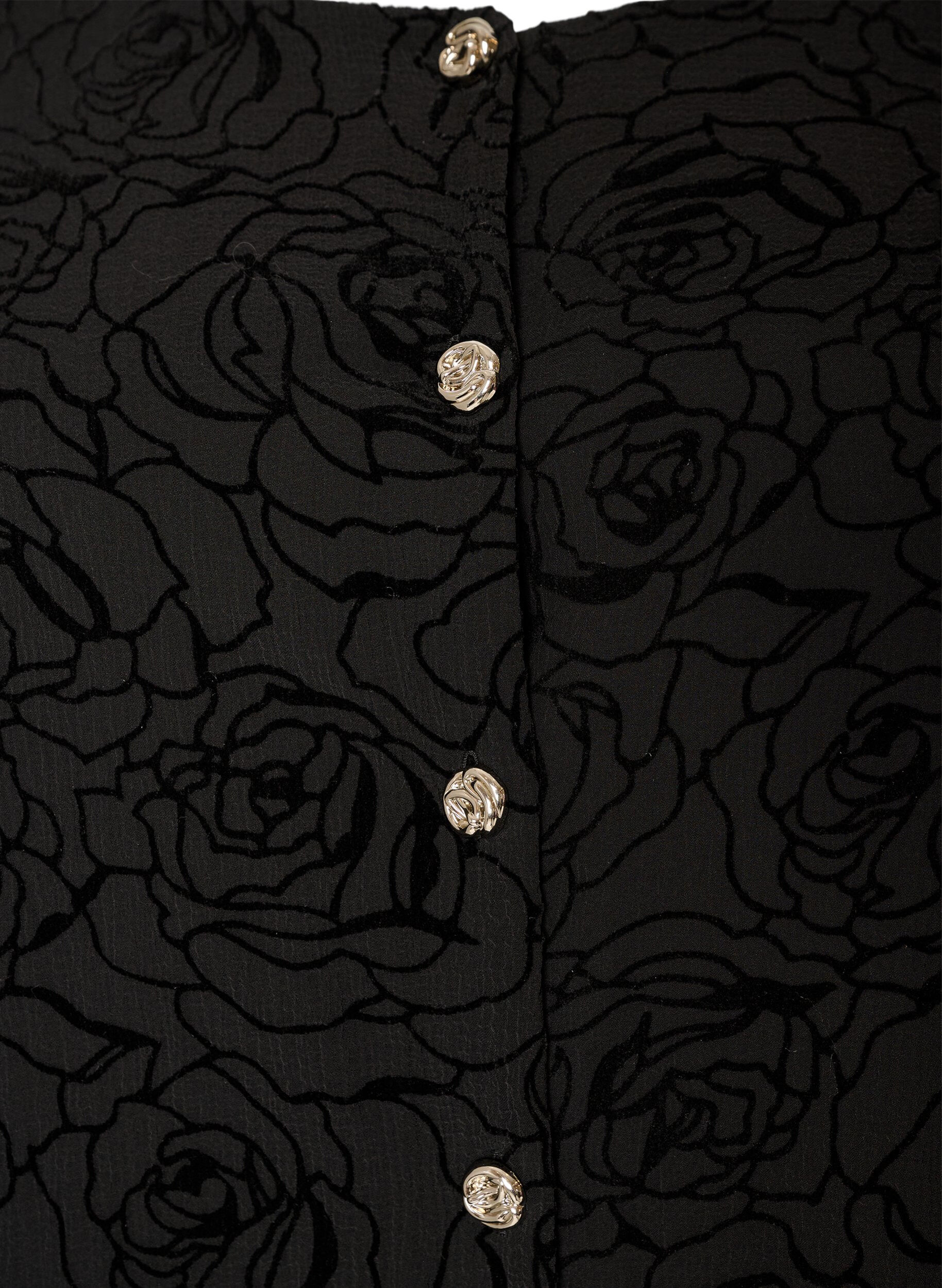 ZizziKort kjole med rosetrykk og knapper, Svart, Packshot image number 2