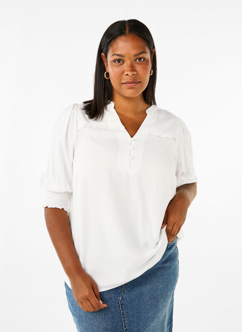 Viskosebluse med vaffelsøm og rysjedetaljer, Bright White, Model image number 0