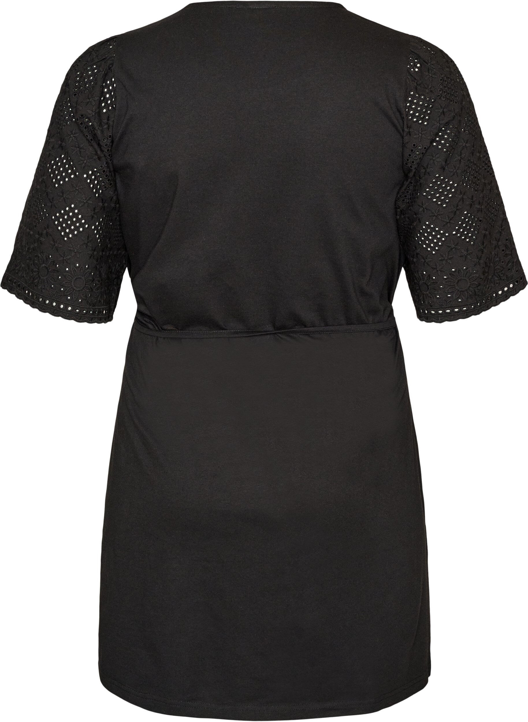 ZizziBomullskjole med broderie anglaise-ermer og knytebelte, Svart, Packshot image number 1