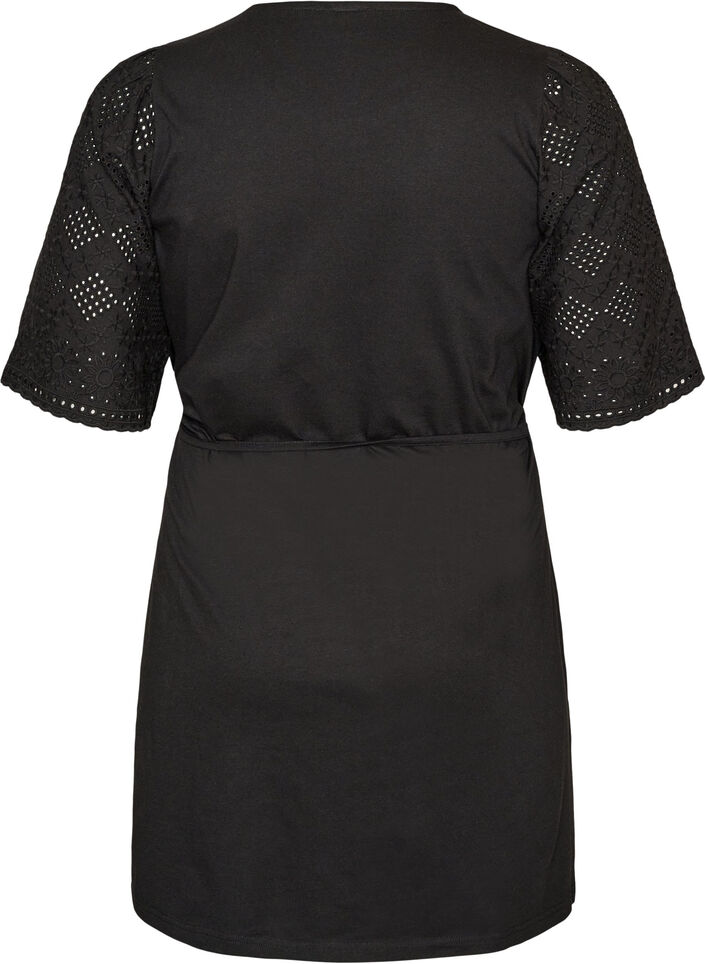 Bomullskjole med broderie anglaise-ermer og knytebelte, Svart, Packshot image number 1