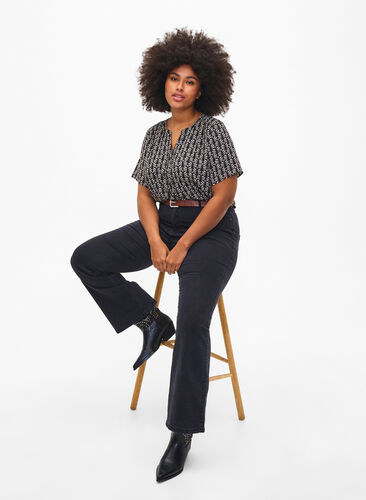 Zizzi Bluse med korte ermer og V-hals, Black S.Graphic AOP, Image image number 0