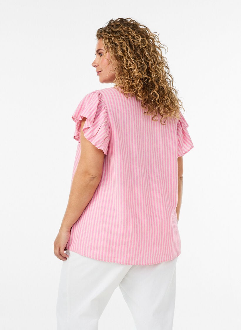 Bluse i viskose og lin med volangermer, Rosa, Model image number 2