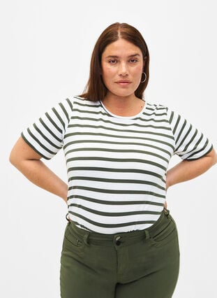T-skjorte i økologisk bomull med striper, Thyme Stripe, Model image number 0