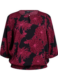 Viskose bluse med blomstertrykk og smocking, Mørk Bordeaux Viskose bluse med blomstertrykk og smocking